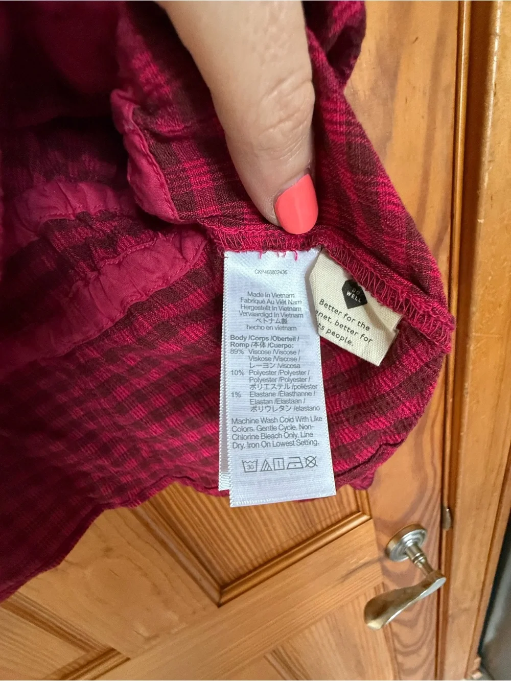 Madewell Red Plaid Drawstring Peplum V-Neck Blouse, Size Large